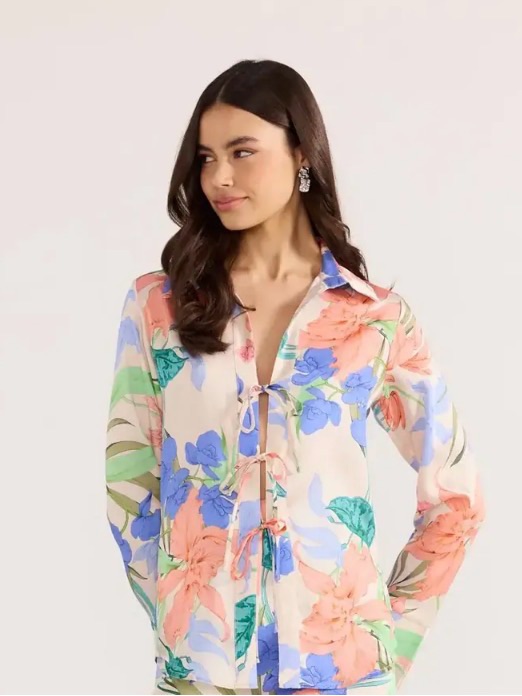 Minkpink Sheer Tie-Front Floral Blouse In Coral, Blue & Green